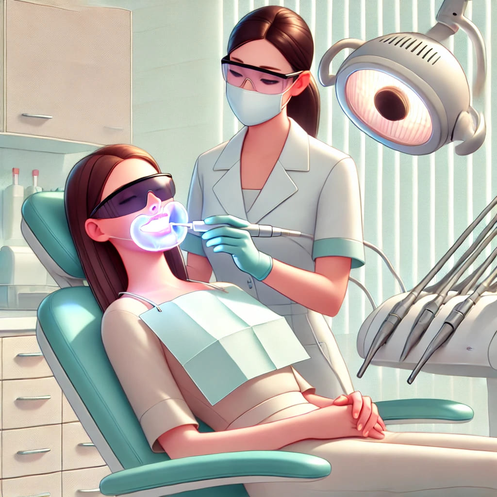 歯科クリニックでホワイトニング施術を受ける女性